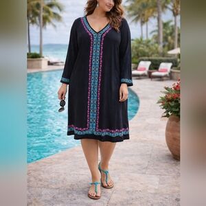 2X Perfectly Priscilla Colorful Embroidered Long Sleeve Midi Coverup Dress